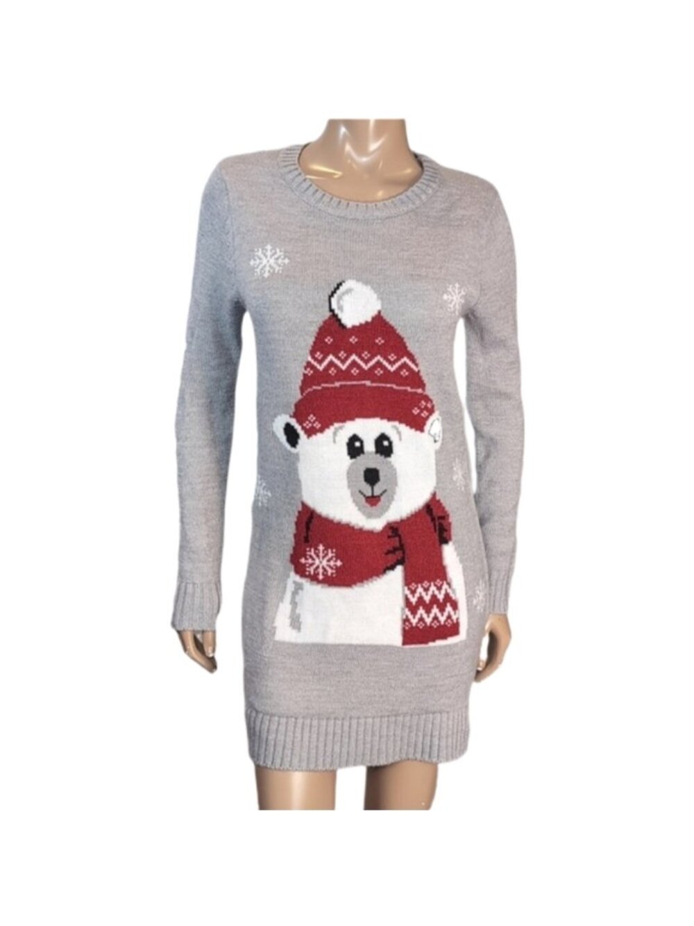 💠Guilty Polar Bear Holiday Sweater Dress Grey Size Medium Ugly Christmas Knit